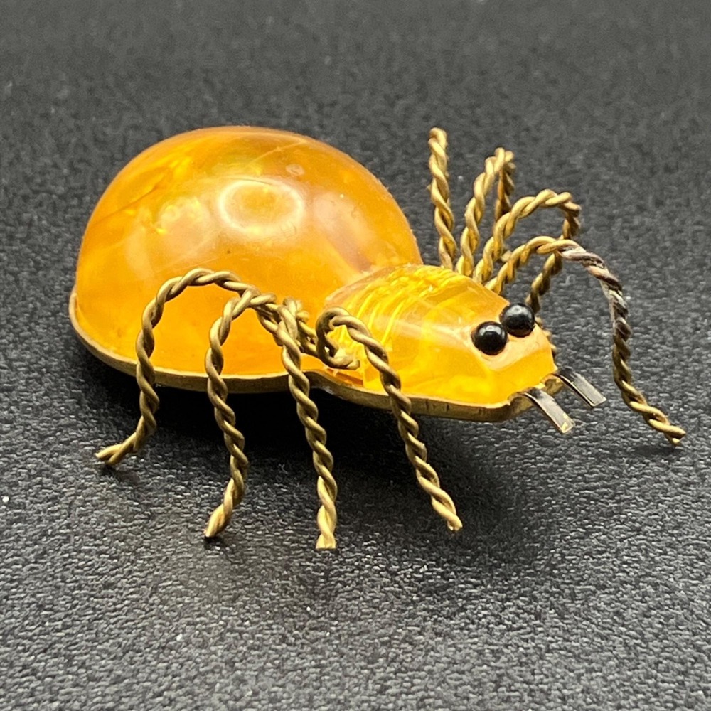 Soviet Era Spider Brooch Amber-Style Resin Gold Tone Figural Pin